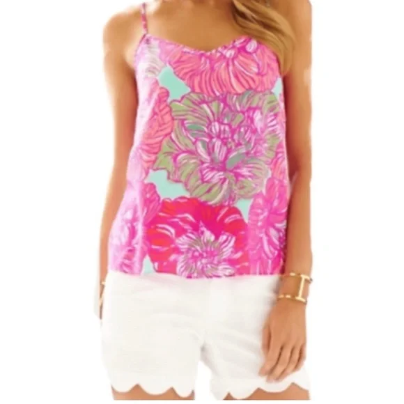 Lilly Pulitzer Pink Peony Dusk Racer Silk Tank Top Size Medium - Picture 1 of 4